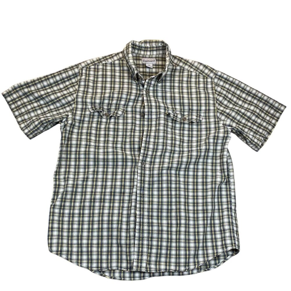 Carhartt Mens Shirt Size XL Plaid Short Sleeve Work Shirt Button Up Cotton Blue